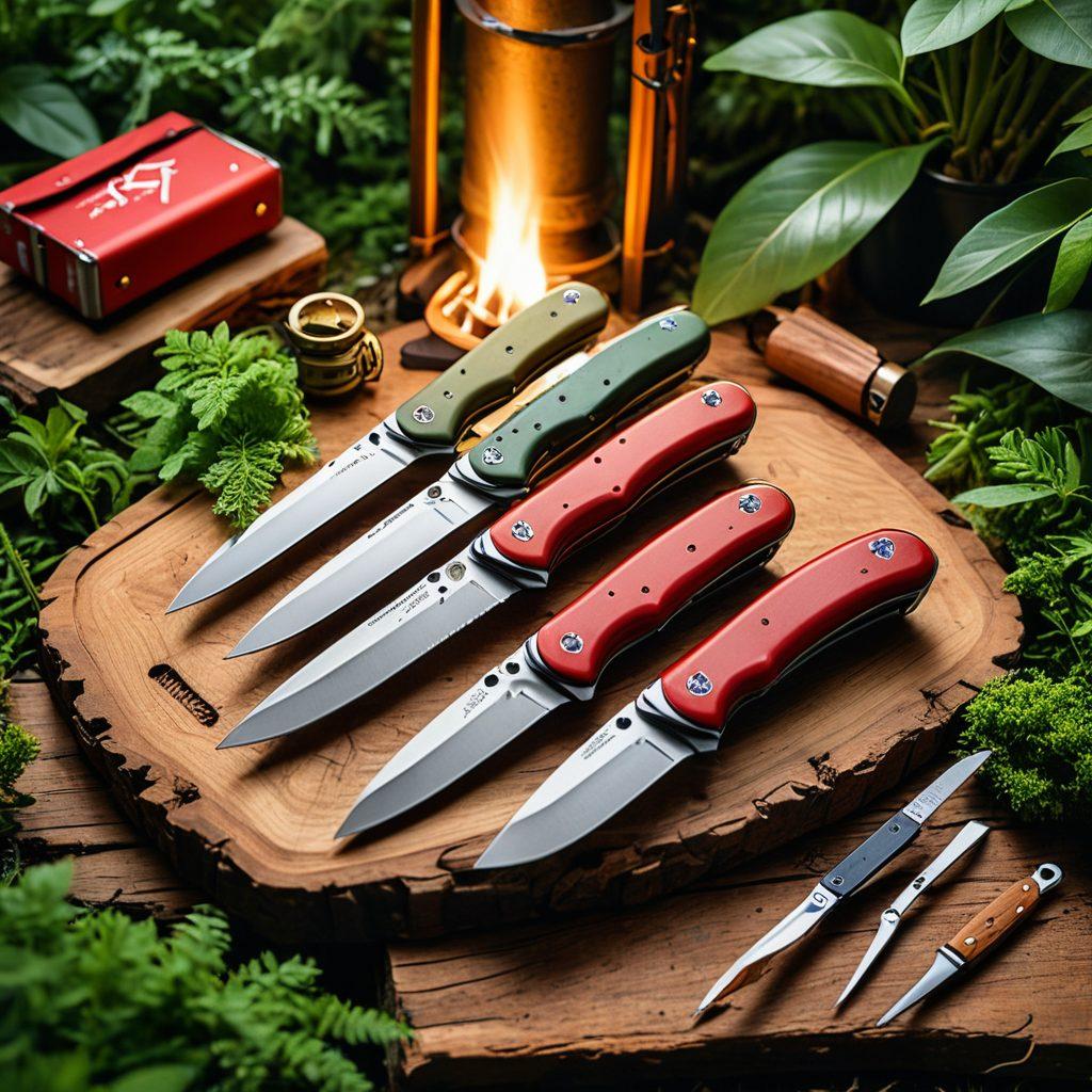 A beautifully arranged display of various Victorinox camping and survival knives on a wooden table, surrounded by lush greenery and a hint of a rugged campsite in the background. Include elements like a spark of fire, a map, and adventure gear to suggest exploration and survival skills. The lighting should evoke a warm, inviting atmosphere, emphasizing the utility and design of the knives. nature-inspired, outdoor aesthetic. super-realistic. vibrant colors.