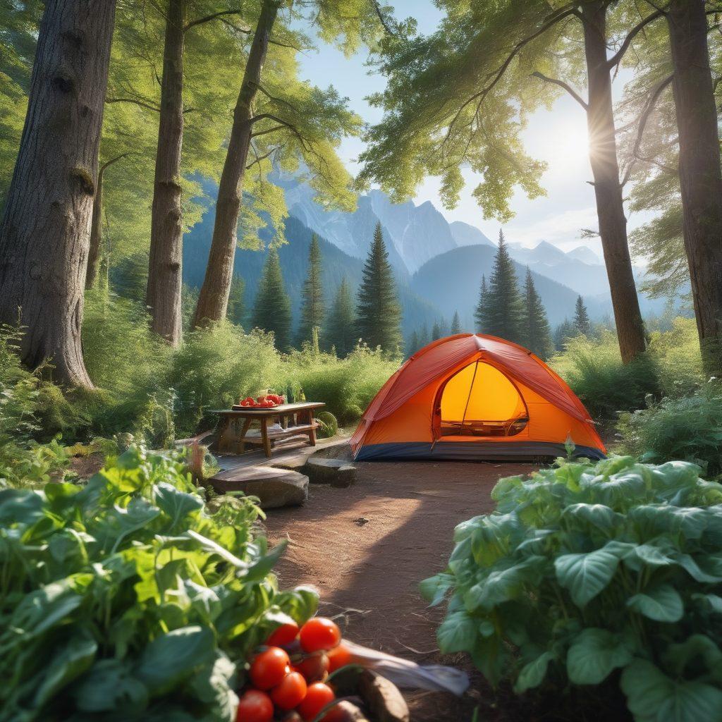 A vibrant outdoor scene showing a pristine campsite with a cozy tent, surrounded by tall trees and a campfire. In the foreground, a well-crafted Victorinox knife is elegantly displayed next to fresh ingredients like vegetables and herbs, showcasing its culinary versatility. Soft sunlight filters through the branches, creating a warm, inviting ambiance. The backdrop includes a distant mountain range under a bright blue sky. super-realistic. vibrant colors. 3D.